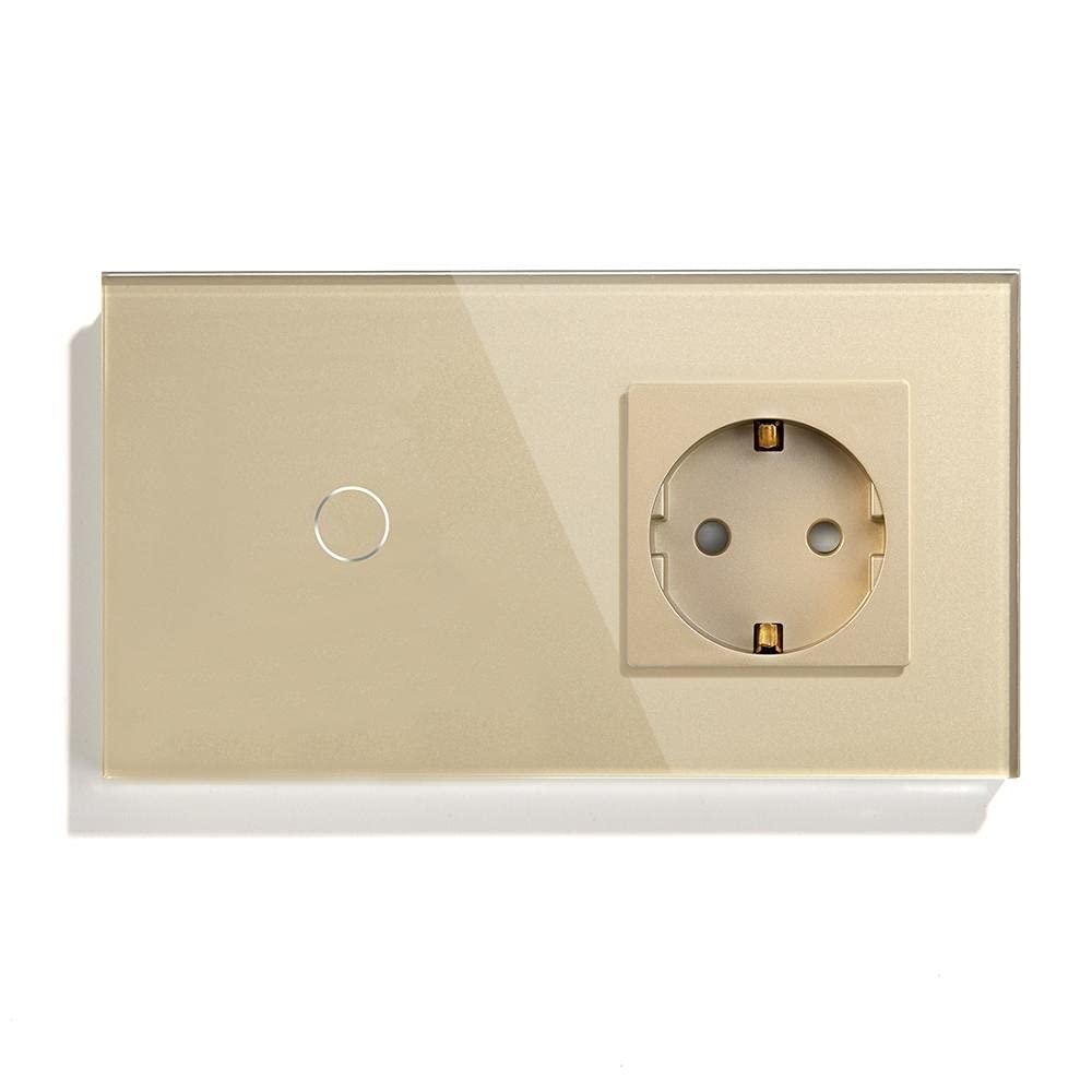 Interrupteur Tactile Led 1 gang Way 2 Touch Switch avec prise murale standard Socket 3 couleurs Panneau en verre 157mm Interrupteur de lumière tactile(Gold,2 Way)