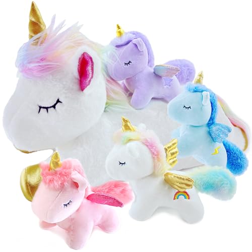 Image of Unicorn Stuffed Animal,Cute Unicorn Mommy Stuffed Animal with 4 Baby Unicorns Plush in Tummy,Kawaii Unicorn Plush Toy Gift for Kids Girls Boys