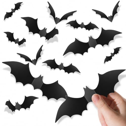 Piteno® 96Pcs Bats Halloween Decorations Party Supplies, Realistic PVC 3D Black Scary Bat Stickers for Creepy Home Decor Halloween Party Decorations DIY Wall Window Decal Bathroom Indoors (Large)
