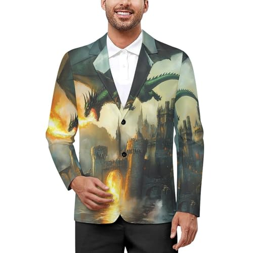 Dragon and Castle Mens Suit Jacket Lapel Blazers V Neck Button Business Coat Tuxedo for Wedding Party