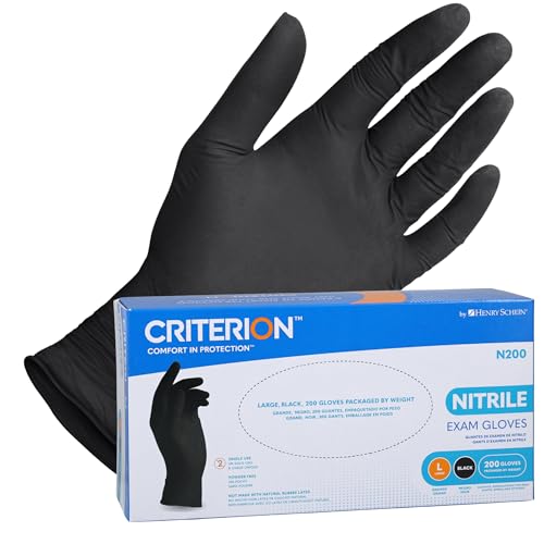 Henry Schein Criterion N200 Black Nitrile Exam Gloves, Large – Latex-Free, Powder-Free, Chemo & Fentanyl-Tested, Textured Fingertips, Beaded Cuff – 200 Ct | Medical, Dental, Tattoo, Food Prep