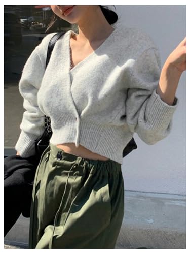 Image of WDIRARA Women's Wrap V Neck Sweater Button Front Long Sleeve Crop Knitted Top
