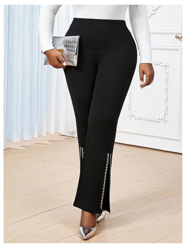 WDIRARA Women's Plus Size Flare Pants High Waisted Rhinestone Split Side Bootcut Trousers3