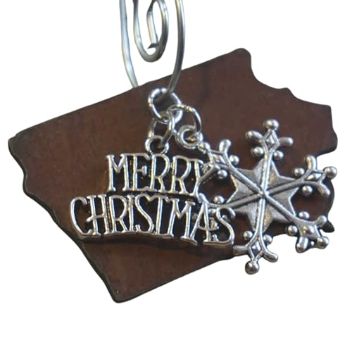 Iowa Christmas Ornament, Small, Rustic Metal with Merry Christmas and Snowflake Charms