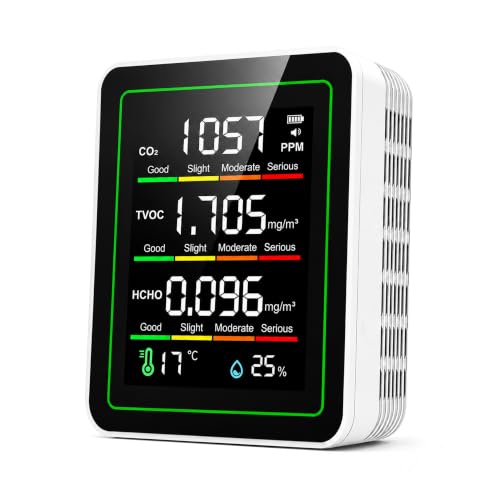 8-in-1 Indoor Air Quality Monitor Portable CO2 Detector with LCD Color Screen Formaldehyde HCHO TVOC Temperature Humidity Tester USB Rechargeable Air Quality Meter for Home Office Car Travel