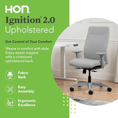 Image of HON Ignition 2.0 Ergonomic Office Chair with Adjustable Arms, Standard Synchro‑Tilt Recline, Upholstered Desk and Computer Chair for Home Office or Workstation, Titanium Frame, Fog