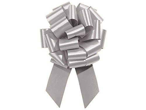 Silver Pull String Bows - 8 Inch Wide 20 Loops Large (2 and 1/2 Inch Ribbon) Set of 10
