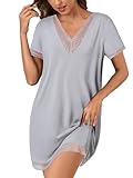 KIFOVEN Women’s Nightgown Short Sleeve Sleepshirt Sheer Mesh Lace Trim V Neck Nightshirt Sleepwear Nightdress Gray Large