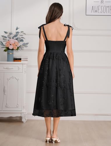 Spaghetti Strap Embroidered Floral Dress for Women Wedding Formal Tulle Prom Corset Dress Smocked Split Midi Tea Party Dress4