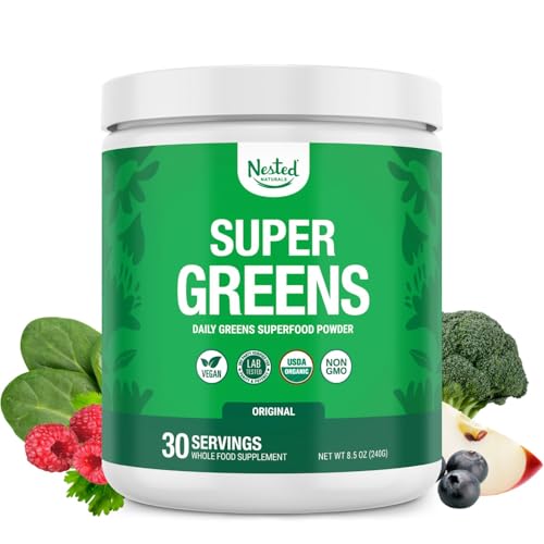Nested Naturals Super Greens Daily Superfood Powder - Certified USDA Organic Green Powder w/20+ Whole Foods, Spirulina Powder,Wheat & Barley Grass - Probiotics, Fiber & Enzymes - Original Flavour, 30