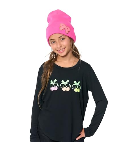 Girls Winter Knit Beanie – Warm & Cozy Hat with Glitter Chenille Bow Patch for Girls One Size Fits Ages 7-164