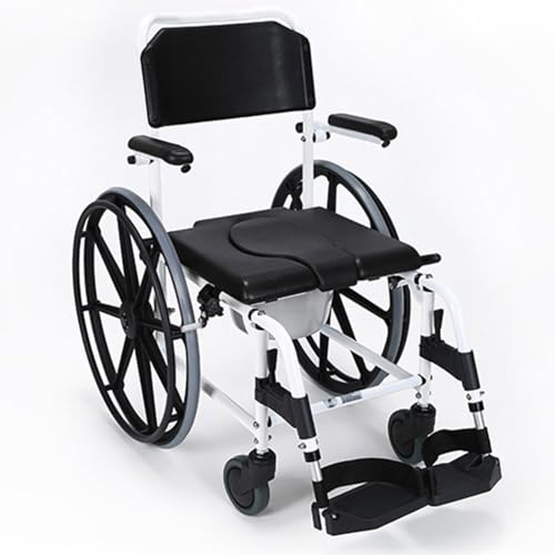 Cómoda silla de ducha autopropulsada – Silla de inodoro 4 en 1 con asiento acolchado, reposapiés móvil, reposabrazos ajustables y seguridad antideslizante para el cuidado de ancianos