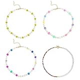 4Pcs Smiley Face Flower Pearl Necklace Set Y2k Colorful Resin Polymer Clay Beads Handmade Cute...