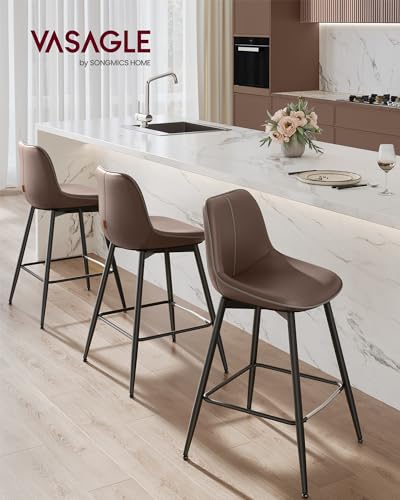Image of VASAGLE Bar Stools Set of 4, Counter Height Bar Stools with Back, Ergonomic Backrest, Synthetic Leather, Metal Legs, 24.8-Inch Tall Barstools for Kitchen Island Home Bar, Easy Assembly, Coffee Brown