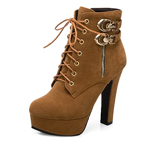 VOKLIN Women's Platform High Heel Ankle Boots Fashion Metallic Round Toe Lace Up Zipper Dressy Short Booties