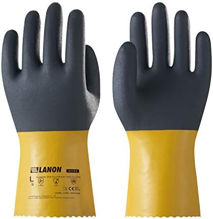 LANON PVC Chemical Gloves, Thick Rubber Work Gloves, Heavy-Duty, EN 374/388, Acid, Alkali and Oil, Non-Slip, Large