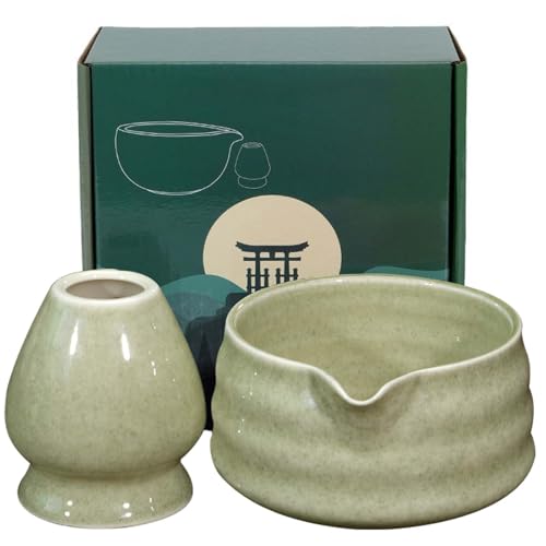 GOMETY Ciotola per Matcha Giapponese in Ceramica con Beccuccio, Supporto Frusta e Tè Chawan Tradizionale, Colore Matcha