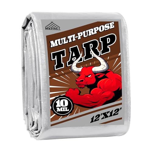 Tarp 12x12 ft Heavy Duty 10mil Silver/Brown 100% Waterproof High Durability Multipurpose Outdoor Tarpaulin,Uv Resistant,for Courtyards,Camping, Canopy, Trailer, Boats, Camping, Etc -by MVPNET