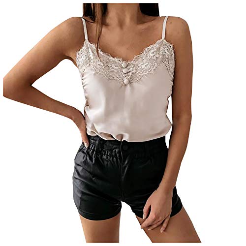 Canottiera Donna Estiva Raso Moda Spaghetti Canotte Sexy Scollo a V in Pizzo Elegante Leggera Base Canottiere Seta Casual Maglietta Bluse Senza Maniche Chic Curvy Semplice Sottogiacca Tank Top Shirt