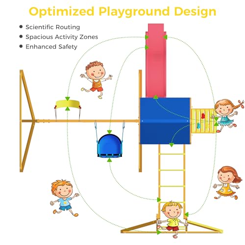 Wooden Playset with Wave Slide, Playground Set with Monkey Bars for Kids, Outdoor playset with Swing, Backyard Swingset with Play Deck for Ages 3-6, Blue