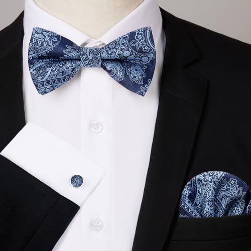 Image of HISDERN Bow Ties for Men Pretied Bow Tie Set Paisley Classic Bowties and Pocket Square Cufflinks Set for Wedding Party