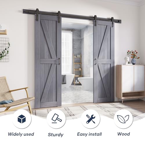 Image of FREDBECK Double 24x84 Wood Barn Doors, Grey,Fit 44 inch-46 inch Opening,K Frame