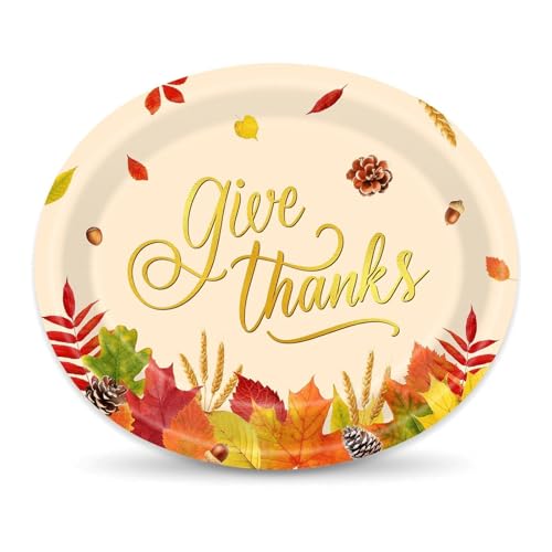 Aysimple 50Pcs Fall Thanksgiving Disposable Oval Paper Plates 10 x 12 Give Thanks Autumn Maple Leaves Heavy Duty Harvest Plates Thanksgiving Party Supplies