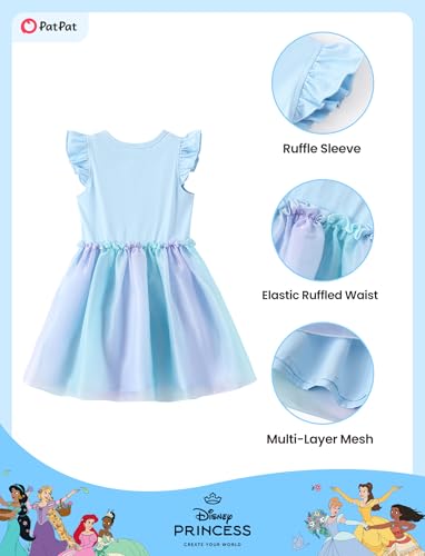 Image of Disney Princess Frozen Elsa Minnie Stitch Toddler Girl Tulle Tutu Dress Ruffle Sleeve Mesh Summer Birthday Party Clothes 2-9Y