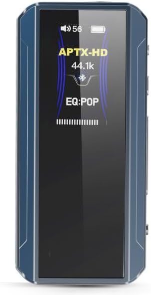 Front view of the FiiO BTR13 showing its screen displaying 'APTX-HD 44.1k EQ:POP'.
