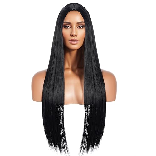 Hmxpls 27'' Long Black Straight Wig, Halloween Wigs for Women, Middle Part Cosplay Costume Hair Replacement Wigs, Synthetic Wigs for Daily Halloween Party
