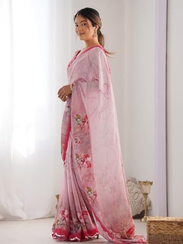 Image of Panzora Women's Chinon Printed Saree With Unstitched Blouse Piece