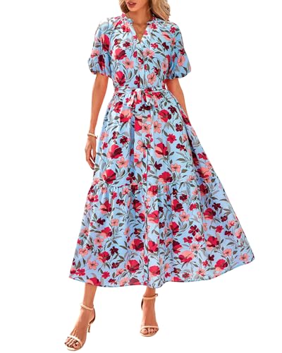 BTFBM Women Summer Fall Boho Maxi Dress Casual Floral Puff Short Sleeve V Neck Button Belt Flowy Beach Vacation Dresses