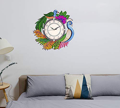 Image of Wooden Peacock Design Wall Clock Round Quartz Analog Decorative Antique Wall Clock for Home Decor Multicolor 5