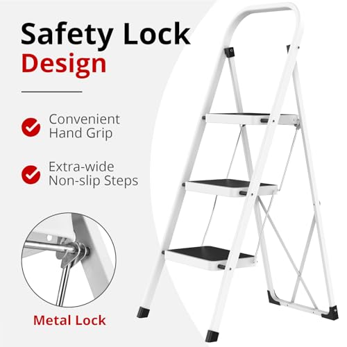 Image of HBTower Step Ladder Folding Step Stool for Adults | 3 Step Ladder with Anti-Slip Pedal, 330 lbs Capacity for Kitchen, Home, White