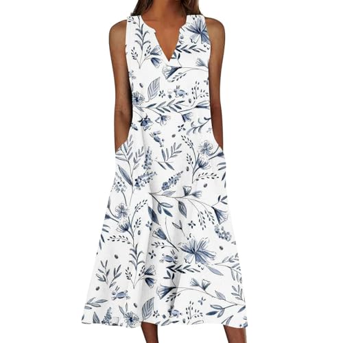 Leinenkleider für Damen, V-Ausschnitt, Pflanzendruck, langes Kleid, Freizeitkleid, Maxikleider, beige, XXL