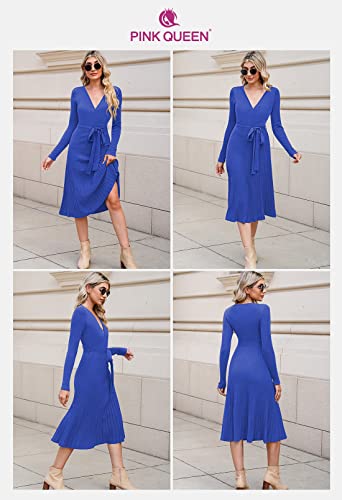 Pink Queen Women's Wrap Sweater Dress V Neck Long Sleeve Ribbed Swing Knit Midi Dresses with Belt4