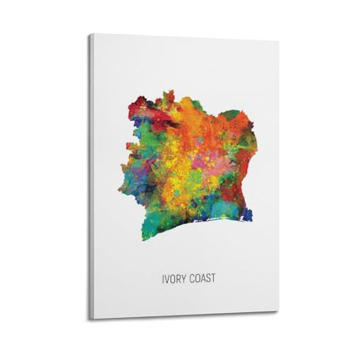 MJZLQN Poster de carte sur toile représentant la côte d'ivoire à l'aquarelle - Affiches murales et image d'art moderne pour chambre à coucher - 30 x 45 cm