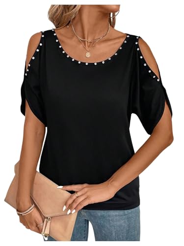 Verdusa Women's Cold Shoulder Beaded Blouse Top Elegant...