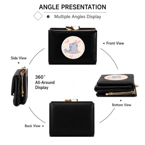 Image of Valerie Cute Small Wallets Clutch for Teen Girl Women PU Leather Trifold Small Wallet Cash Pocket 3D Buckle Card Holder Coin Purse with ID Window for Girls Women (Black Cat)