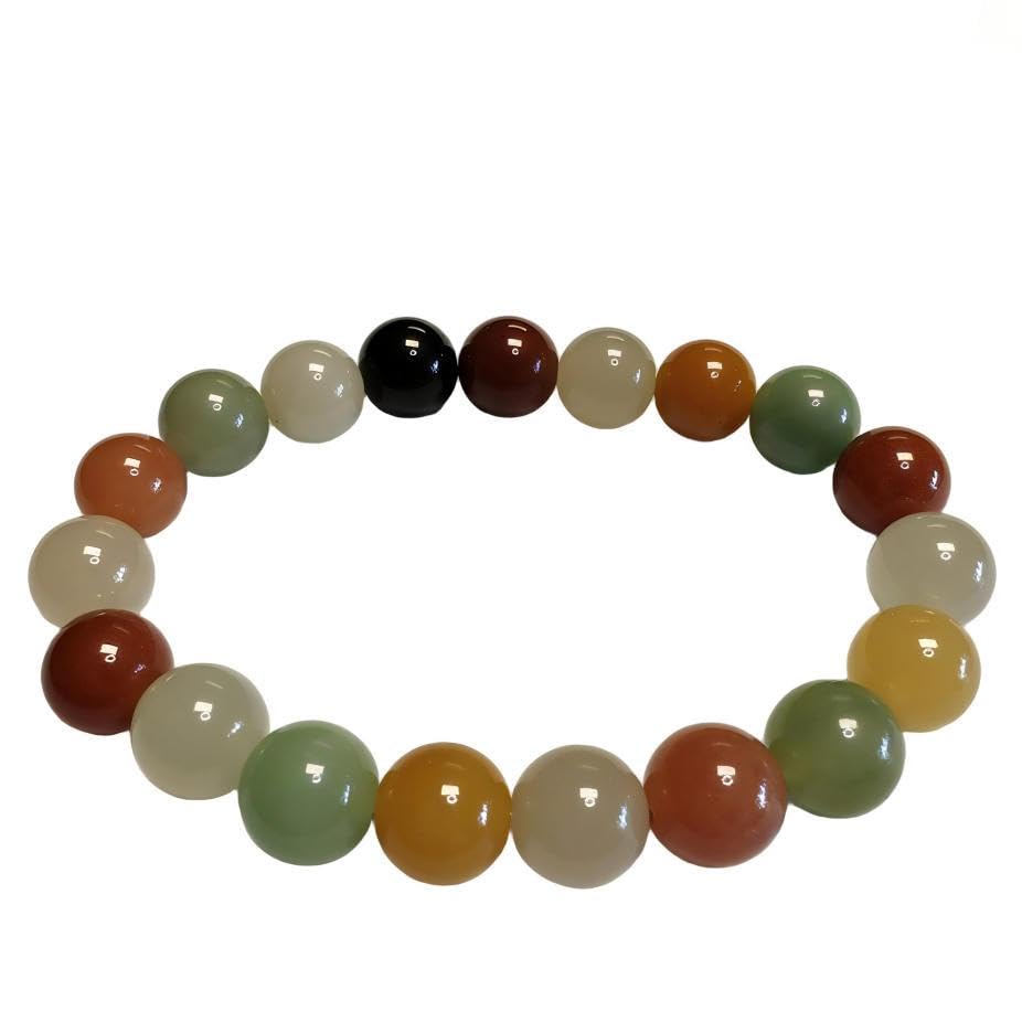 Jade Bead Bracelet, Natural, Hand Carved Mixed - Color Gemstone Jewelry, Translucent & Colorful, Elastic Design, Healing Calming, Festive Gift for Mothers Fathers Day, Christmas, Birthdays, Bead