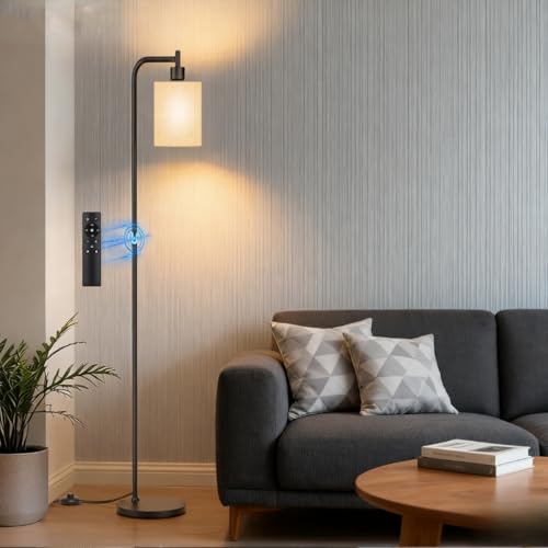 Floor Lamp with Linen Shade, Dimmable Tall Standing Lamp with Remote Control & 3 Color Temperatures, Modern Floor Lamps for Living Room Bedroom Office Corner, LED Bulb Included