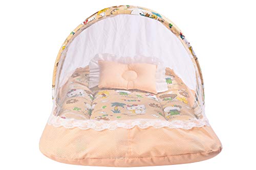 Image of Babloo Baby Bedding Set - Newborn Baby Bed with Mosquito Net, Mattress, Folding Travel Bed - Cotton, Orange (0-6 Months) - Boys & Girls Gift