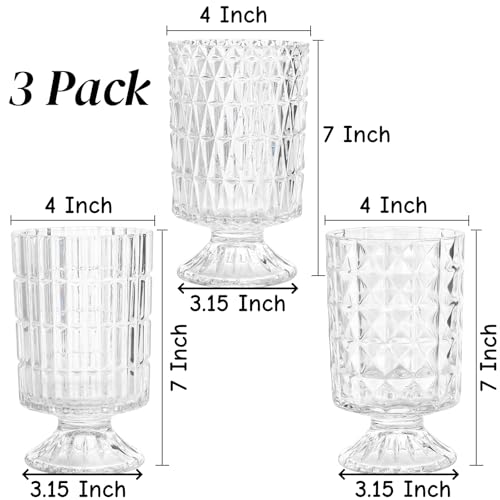 Image of Goaste 3 Pack Embossed Big Base Vase, 7 inch Crystal Glass Vase, Hydroponic Green Plant Vases, Transparent Flower Vases with Ribbed Pattern for Wedding, Dining Table Centerpieces, Home Decor, Office