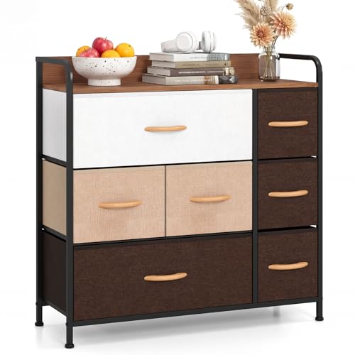 COSTWAY Kommode mit Stoffschubladen, Aufbewahrungsschrank mit Metallrahmen & Holzoberfläche, Stoffschrank Schubladenschrank für Flur Wohnzimmer, 80 x 29 x 79cm (7 Schubladen)