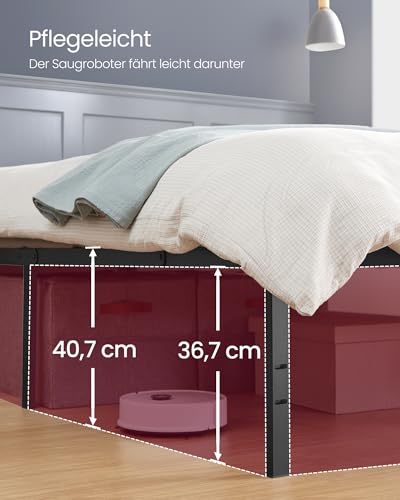 VASAGLE Doppelbettgestell, Bettrahmen, Bettgestell aus Metall, mit Aufbewahrungsregalen, Gästebett, passend für 90 x 200 cm Matratze, einfache Montage, tintenschwarz RMB092B01