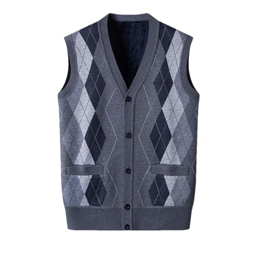 Fulbant Men Classic V-Neck Sweater Vests Argyle Sleeveless Cardigan Button Down Knit Vest M07 Mid-Gray9 L
