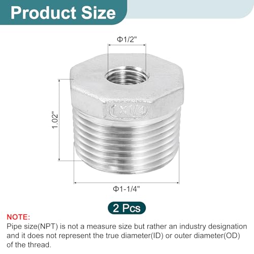 Image of uxcell 2Pcs 1 inch Male to 1 /4 inch Female NPT 304 Stainless Steel Reducer Hex Bushing, Reducing Cast Pipe Adapter Fitting for industrial, oil /gas, water, HVAC, and plumbing systems