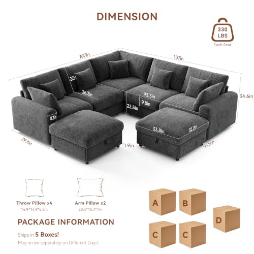 Image of Ihanherry Oversized Cloud Sectional Couches for Living Room, Modular Sectional Sofa with Wide Deep Seat, Coner Couch with Throw Pillow and Storage Ottoman, Dark Grey
