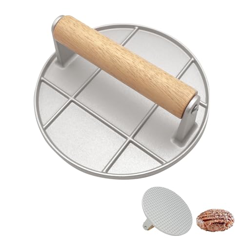 Foyucool Prensa Hamburguesas, 16cm Redondo Smash Burger Press, Mango de Madera Resistente al Calor, Exprimido de Grasa, Fácil de Limpiar, para Grill, Cocinar, Plateado