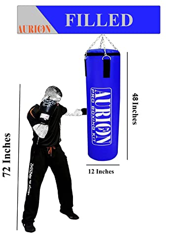 Image of Aurion by 10 Club 4 Feet Synthetic Leather Filled Punching Bag | Boxing Bag with Hanging Chain | Boxing | MMA | Muay Thai | Kickboxing |Taekwondo - Blue 4 Feet /48 Inches